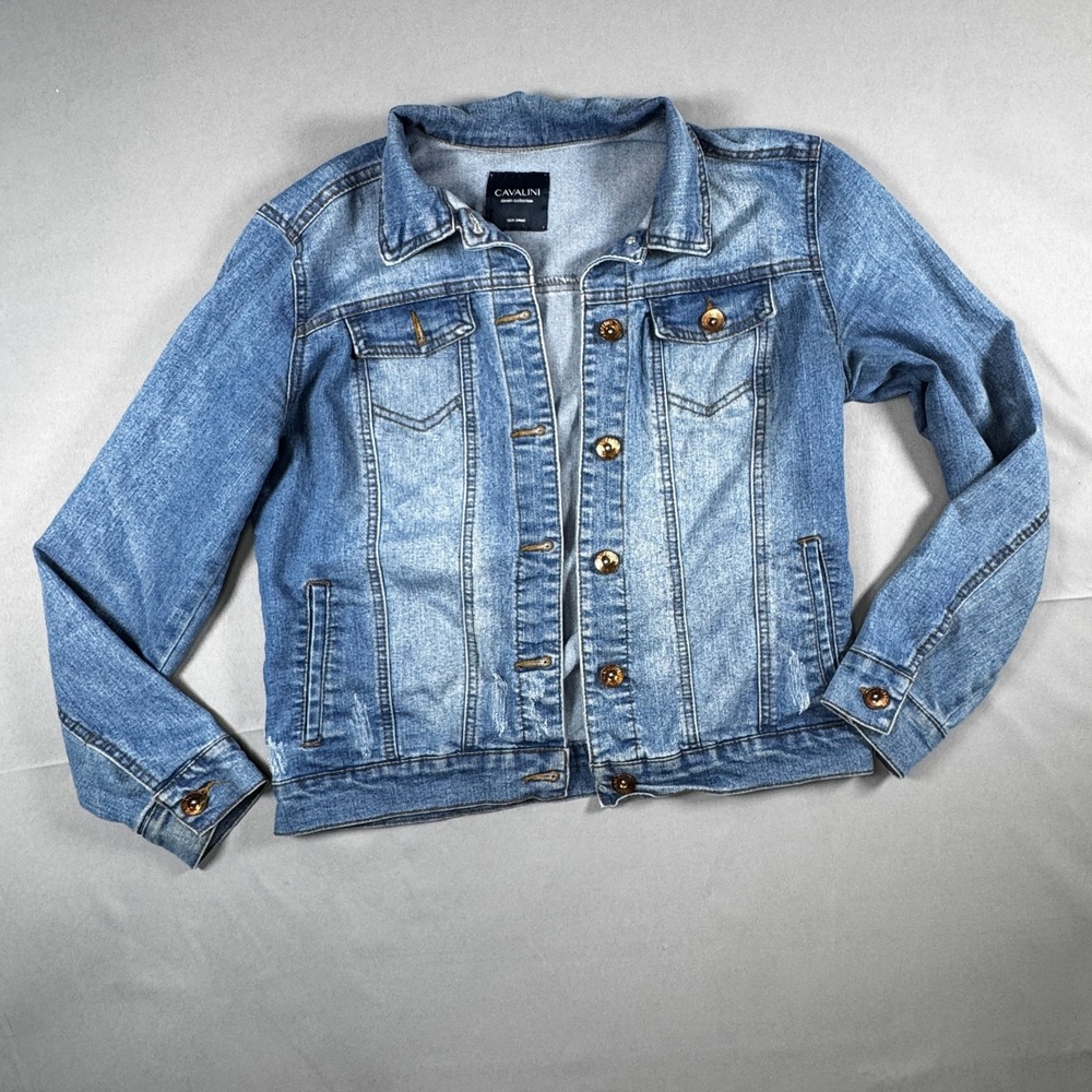 Cavalini Distressed Jean Jacket S Medium Wash Retro Grunge Ripped Trucker Denim